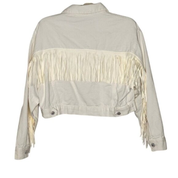 Boho Fringe Off White Western Jean Jacket Womens M Festival Hippie 70s Cowgirl - Picture 2 of 12